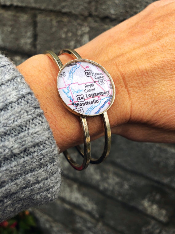 Indiana Hometown Map Silver Bangle Bracelet