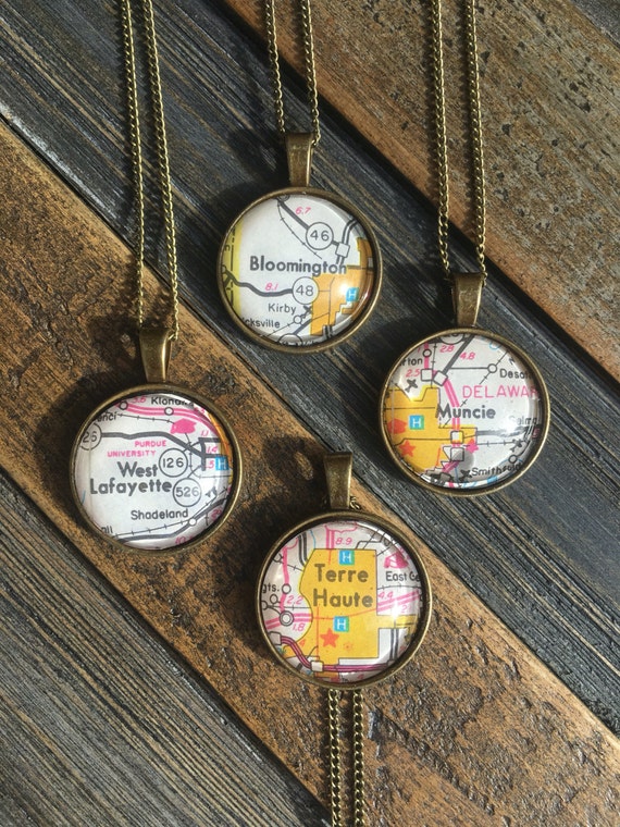 Custom Personalized Vintage Map Pendant Necklace / World Traveler / Hometown / Map Jewelry / College Town / Graduation Gift / Long Distance