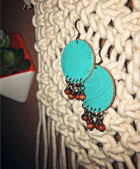 Turquoise Bronze Leather Earrings