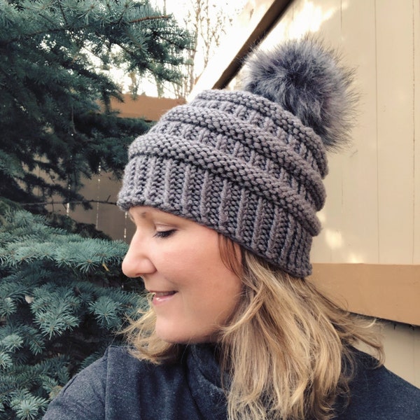 KNIT HAT PATTERN: Boulder Beanie/Fall Winter Hat/Chunky Knit Hat Pattern/Knit Beanie/Color Made Easy Yarn Knit Pattern/Instant Download