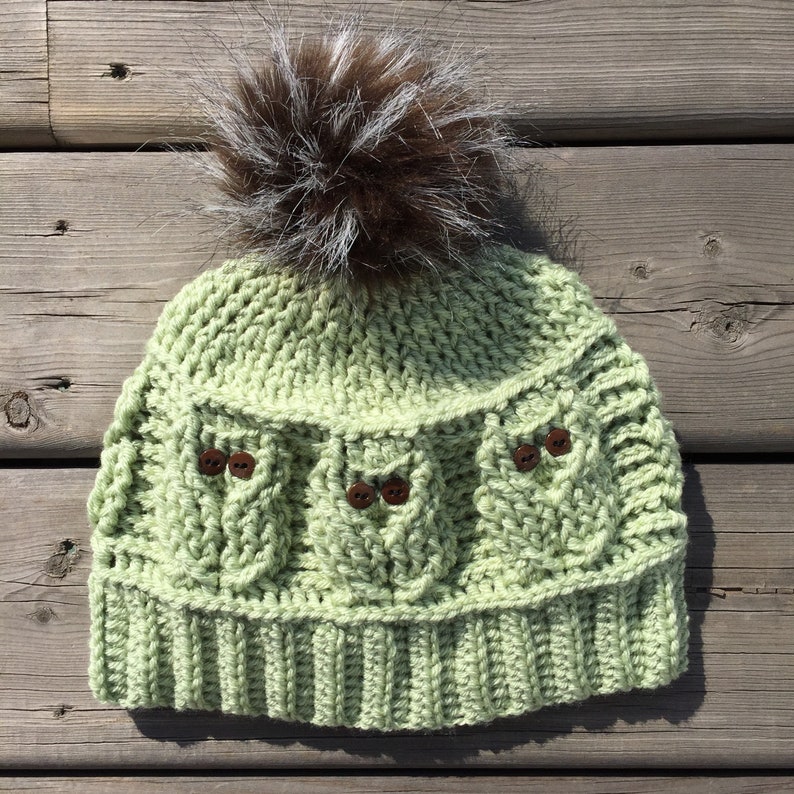 May include: A green crocheted beanie with a brown and white fur pom pom. The beanie has three owl designs with brown buttons for eyes.