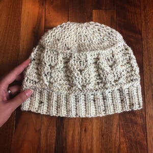 May include: A crocheted beanie hat in a cream color with a textured cable knit pattern.