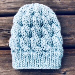 May include: A light blue knitted beanie with a cable knit pattern.