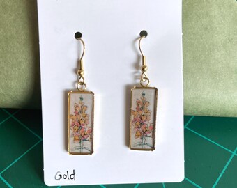 Gold earrings: original floral & bird art in clear resin, 18k gold plated hooks, stainless steel pendants,  made to order