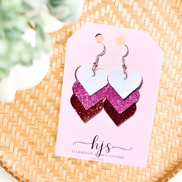 Triple Heart Drop Faux Leather Earrings