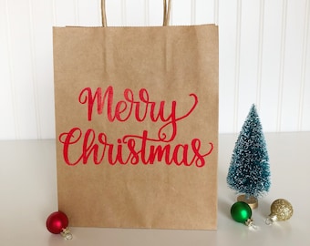 Merry Christmas Gift Bag, Christmas Party Favor Bag, Christmas Wrapping Bag, Holiday Gift Wrapping Idea, Hand Lettered Paper Gift Bag