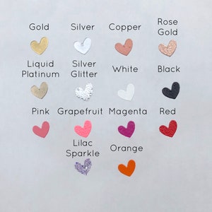 May include: A chart of heart-shaped stickers in various colours and finishes, including gold, silver, copper, rose gold, liquid platinum, silver glitter, white, black, pink, grapefruit, magenta, red, lilac sparkle, and orange.
