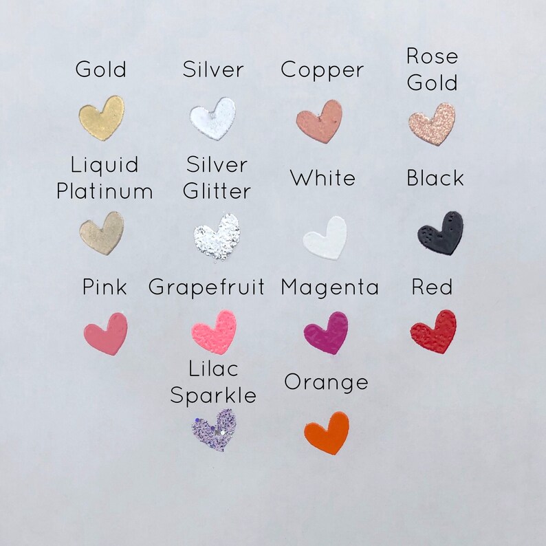 May include: A chart of heart-shaped stickers in various colours and finishes, including gold, silver, copper, rose gold, liquid platinum, silver glitter, white, black, pink, grapefruit, magenta, red, lilac sparkle, and orange.