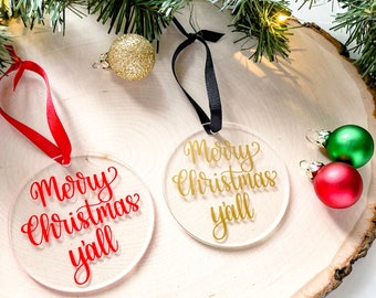 Merry Christmas Y’all Ornament, Country Christmas Ornament, Southern Christmas Decorations, Round Acrylic Ornament, Hand Lettered Ornament