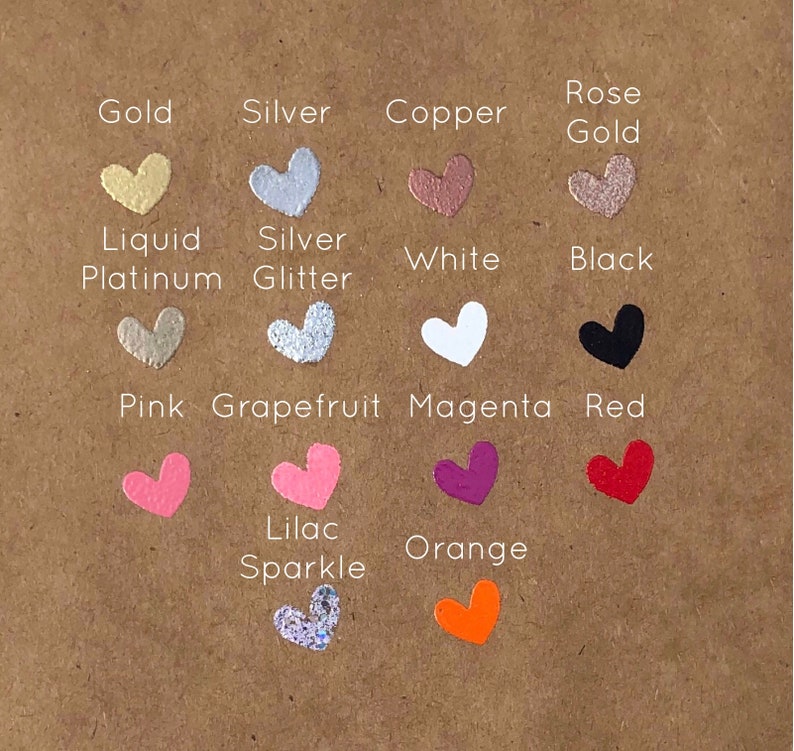 May include: A chart of heart-shaped stickers in various colors and finishes, including gold, silver, copper, rose gold, liquid platinum, silver glitter, white, black, pink, grapefruit, magenta, red, lilac sparkle, and orange.