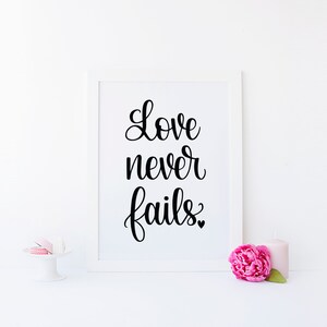 Love Never Fails Print, 1 Corinthians 13 Print, Hand Lettered Decor, Wedding Anniversary Gift, Christian Scripture Sign Bible Verse Wall Art