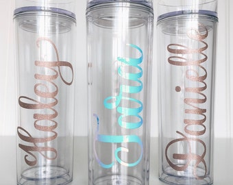 Personalized Name Tumbler, Hand Lettered Skinny Tumbler with Straw, Custom Calligraphy Water Bottle, Iced Coffee Cup, Birthday Gift for Her