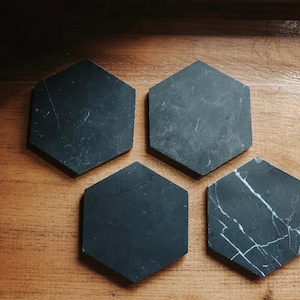 Black Marble Coasters | Hexagon Cork Base, Set of 4