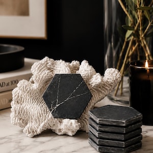 Black Marble Coasters | Hexagon Cork Base, Set of 4