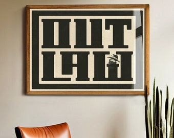Outlaw Typography Print, Western Cowboy Wall Art, Rustic Minimalist Poster, Black And White Vintage Decor, Modern Gallery Artwork