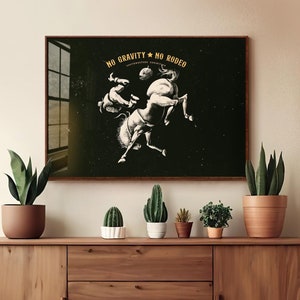 Arte de vaquero espacial, impresión de arte de vaquero digital, decoración de pared occidental, póster de rodeo en el espacio, impresión de arte surrealista de vaquero, arte de bloque occidental