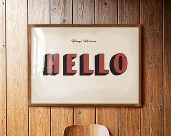 Hello Wall Art, Entry Sign Print, Western Block Art, Retro Typography Poster, Funky Vintage Poster, Red Large Format Living Room Wall Decor