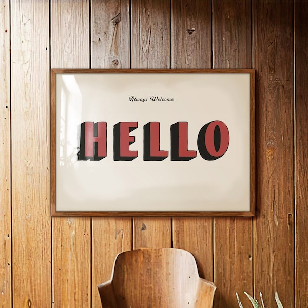 Hello Wall Art, Entry Sign Print, Western Block Art, Retro Typography Poster, Funky Vintage Poster, Red Large Format Living Room Wall Decor