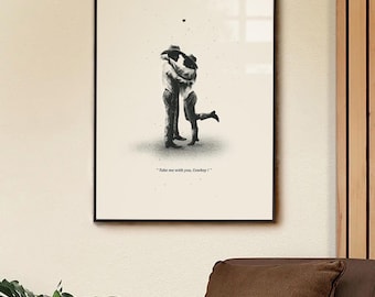 Stampa Cowboy - Cowgirl, Decorazione murale eclettica western, Poster romantico minimalista, Arte murale retrò in bianco e nero, Vintage
