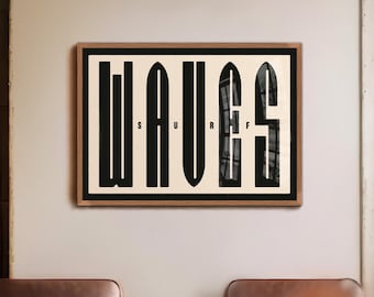 Surf Poster, Waves Retro Typographic Print, Beach House Decor, Eclectic Coastal Wall Art, Surfer Gift, Mancave Vintage Wall Decor