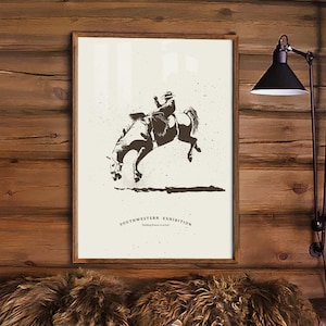 Cowboy Poster, Südwestern Wandkunst, Western-Dekor, modernes Bauernhaus Poster, ruckende Bronco Illustration, moderner und minimalistischer Druck