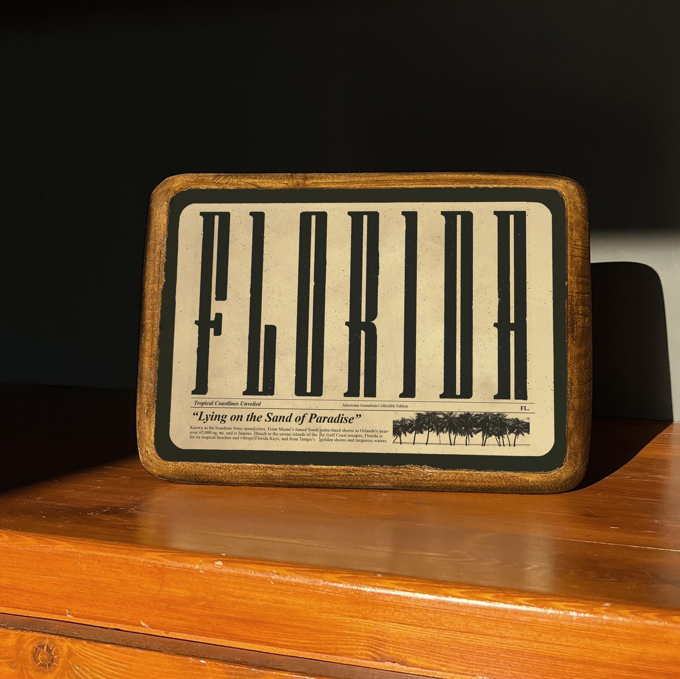 Florida Sign, Wood Sign Retro Typography, Florida Country style Wall Art, Retro Wooden Plaque Beach house, Coastal Travel Tropical Print