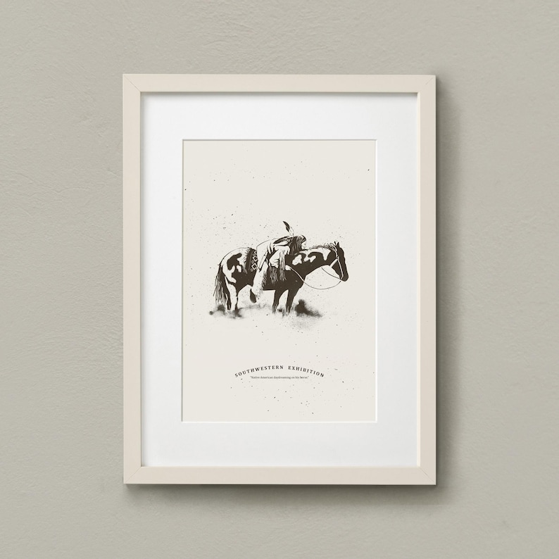 May include: A black and white illustration of a person riding a horse. The image is framed in a white frame and has the text "SOUTHWESTERN EXHIBITION" at the bottom.