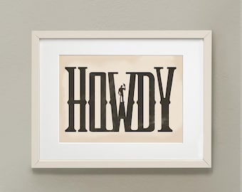 Howdy Retro Poster, Southwestern Wall Art, Western Typography Art Print, Cowboy vintage poster, Modern Farm house wall art, Ranch Wall Decor