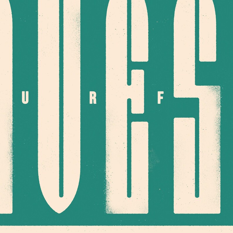 May include: A teal green background with the word "SURF" written in white, with each letter formed by a surfboard outline.