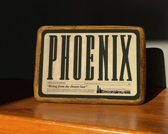 Bord Phoenix Arizona, houten muurkunst, retro typografie plaquette, rustiek huisdecor, vintage stijl cadeau, bord Desert City