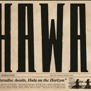 Op de afbeelding: Een vintage krantenkop met het woord "HAWAII" in vetgedrukte zwarte letters. De kop luidt "Paradise Awaits, Hula on the Horizon". De tekst beschrijft Hawa&iuml; als de parel van de Stille Oceaan, met iconische stranden, levendige surfspots en een bloeiende cultuur.
