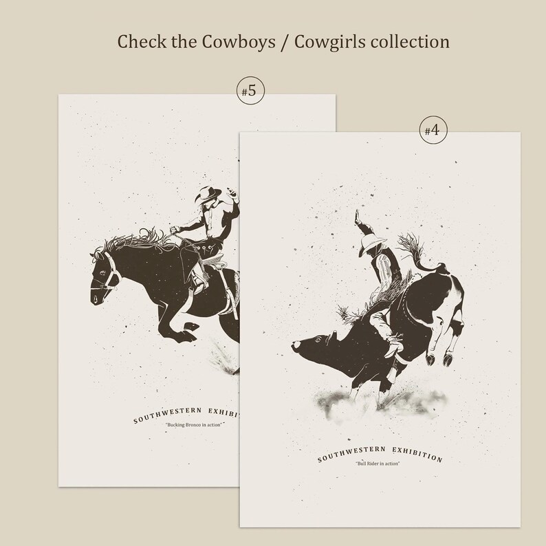 K&ouml;nnte beinhalten: Zwei Schwarzwei&szlig;illustrationen von Cowboys, die auf buckelnden Pferden und Stieren reiten. Die Illustrationen befinden sich auf einem cremefarbenen Hintergrund mit dem Text "Southwestern Exhibition" und einem Zitat &uuml;ber die Aktion. Die Illustrationen sind mit #4 und #5 nummeriert.