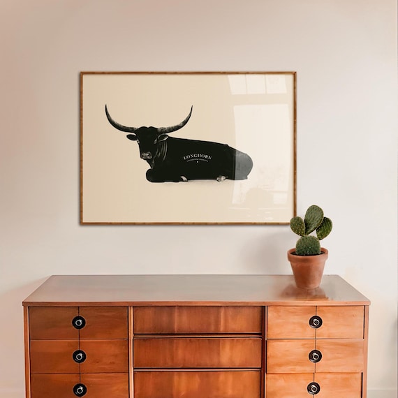 Longhorn Print, Giclée Fine Art Print, Texas Cow Animal Poster, Cowboy Ranch Wall Decor, Modern Farmhouse Wall Art, Vintage Ranch Decor