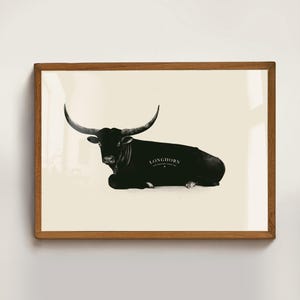 May include: A black and white illustration of a Longhorn steer with large horns, lying down. The text "Longhorn" is printed in black on the steer's side.