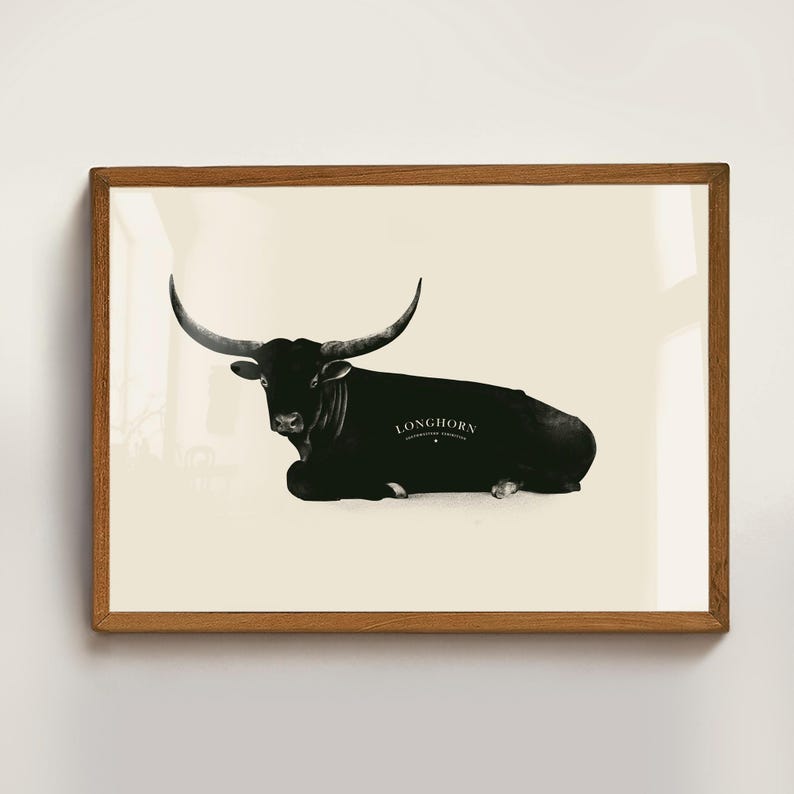 May include: A black and white illustration of a Longhorn steer with large horns, lying down. The text "Longhorn" is printed in black on the steer's side.