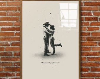Cowboy - Cowgirl Print, Western Eclectic Wall Decor, Minimalistic Romantic Poster, Carcoal black and white Retro Wall Art, Vintage