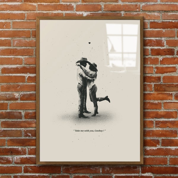 Cowboy - Cowgirl Print, Western Eclectic Wall Decor, Minimalistic Romantic Poster, Carcoal black and white Retro Wall Art, Vintage