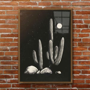 Saguaro Kaktus Poster, Schwarzweiße Wandkunst, Elegantes Schwarzweiß Poster, Wüstenlandschaft Nacht Kunst, Modernes Bauernhaus Poster