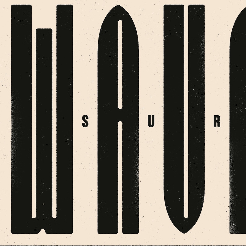 Puede incluir: Dise&ntilde;o gr&aacute;fico en blanco y negro de la palabra "SURF" con cada letra en un estilo &uacute;nico. Las letras son negritas y en bloque.