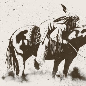 May include: A black and white illustration of a Native American riding a horse. The horse has a patterned saddle blanket and the rider is wearing a feathered headdress.
