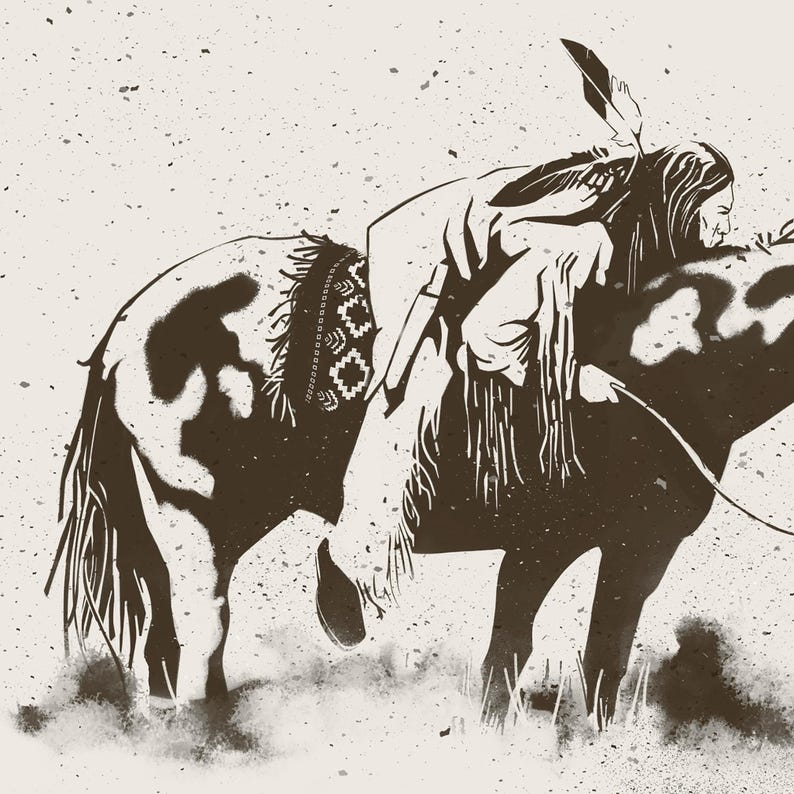 May include: A black and white illustration of a Native American riding a horse. The horse has a patterned saddle blanket and the rider is wearing a feathered headdress.