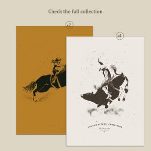 May include: Black and white illustration of a cowboy riding a bucking bull. The illustration is on a white background with the text "SOUTHWESTERN EXHIBITION" and "Bull Rider in action" below the image.
