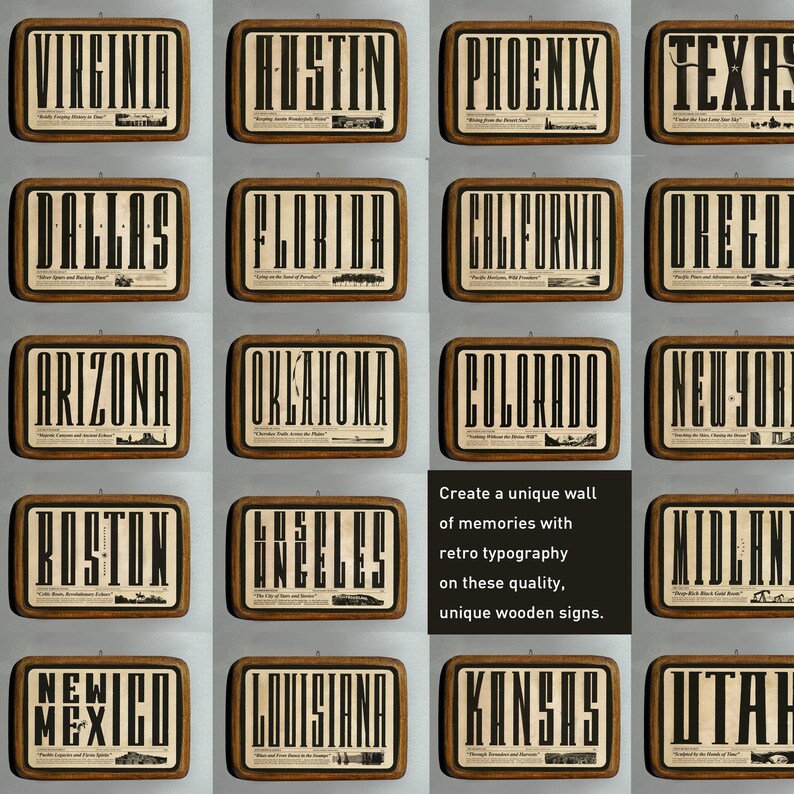 May include: A set of 16 wooden signs with retro typography featuring the names of different cities and states. The signs are all brown with a white background and black text. The text on the signs includes the names of cities and states such as Dallas, Arizona, Austin, Phoenix, Texas, Colorado, Boston, Greeley, New Mexico, Louisiana, Kansas, Utah, Florida, California, Oregon, and New York.