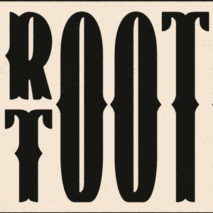 May include: Black and white graphic design with the word "ROOT" in a bold, stylized font.