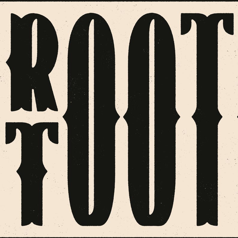 May include: Black and white graphic design with the word "ROOT" in a bold, stylized font.