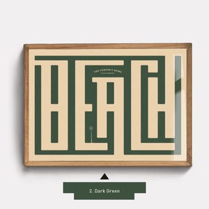 May include: A framed print with a green maze design that spells out the word "BEACH". The text "THE SURFER'S HOME" is at the top of the maze.