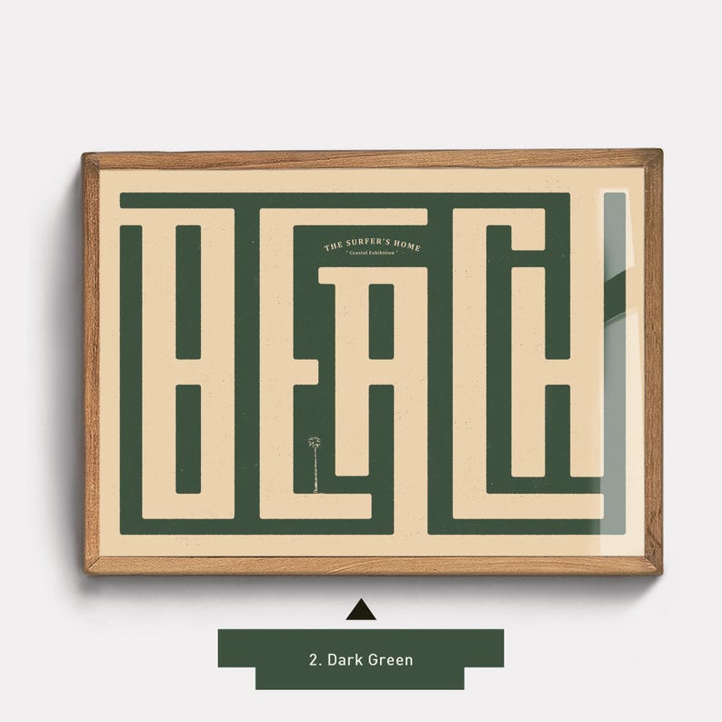May include: A framed print with a green maze design that spells out the word "BEACH". The text "THE SURFER'S HOME" is at the top of the maze.
