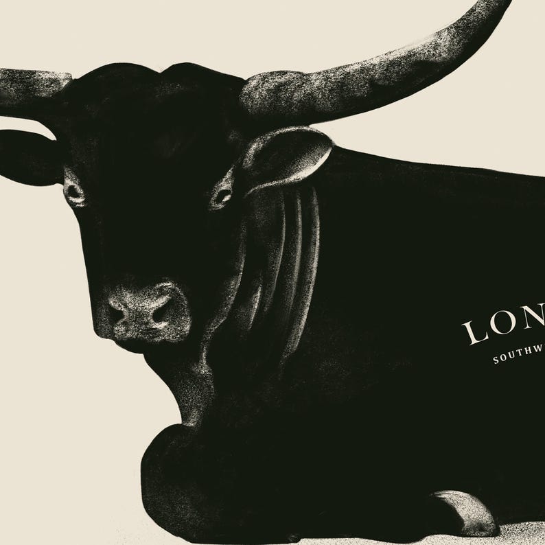 May include: A black and white illustration of a longhorn bull with its head turned to the side. The bull is lying down with its horns pointing up. The text "LONghorn" and "SOUTHWEST" is visible in the lower right corner of the image.