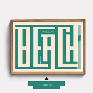 May include: Teal green and white maze print with the text "The Surfer's Home" and a palm tree in the center. The word "Beach" is spelled out in the maze.