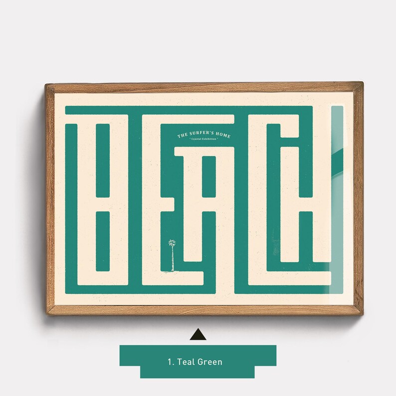 May include: Teal green and white maze print with the text "The Surfer's Home" and a palm tree in the center. The word "Beach" is spelled out in the maze.